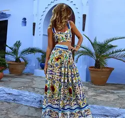 Boho новый женский костюм из двух предметов сексуальный топ длинные юбка с цветочным принтом костюмы богемный Высокая Талия Повседневное