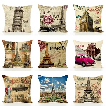 

Retro Style Landmark Building Pattern Pillowcase Tower London Big Ben British Statue of Liberty Cushion Cover
