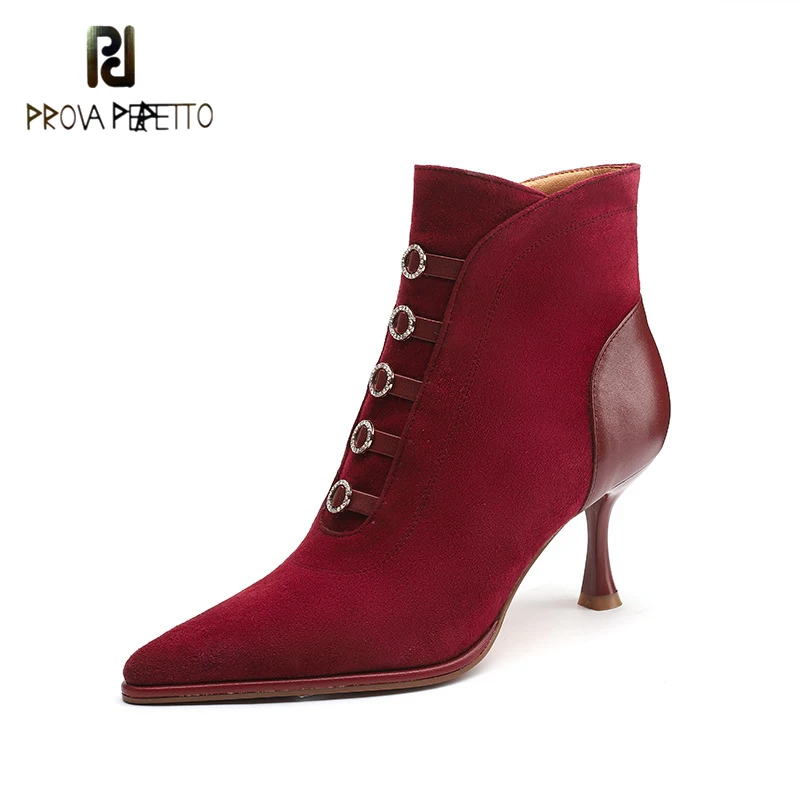 

Retro Pointed Frosted Sheep Anti-leather Stitching Cowhide Stiletto Heel Side Zipper High-heeled Rhinestone Buckle Short Boots