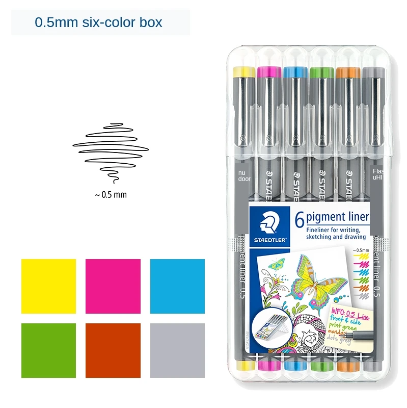 Staedtler 308 SB6P 피그먼트 라이너 파인라이너 테크니컬 드로잉 펜 모듬 선 폭-6 개 세트