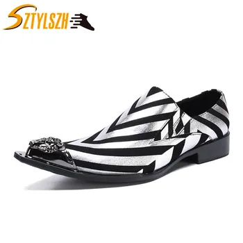 

High Quality Handmade Pointed Toe Metal Tip Genuine Leather Men Dress Shoes Evening Party Wedding Shoes Hairstylists Sexy Oxford