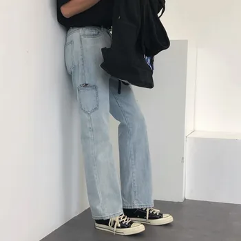 

EWQ / men's wear all-match blue denim pants male's casual hole pants fashion hole-piercing straight vintage loose jeans 9Y2668