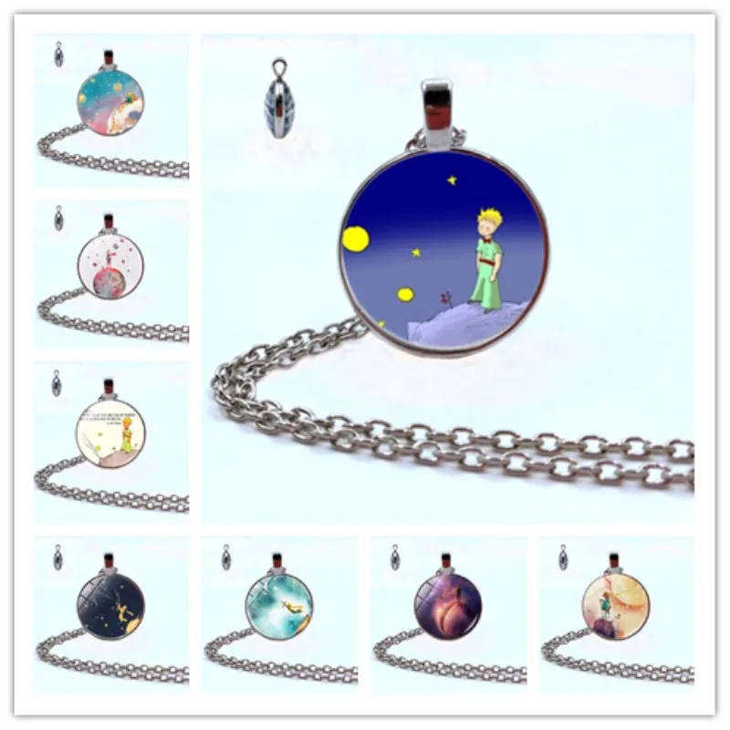 

Anime Necklace Jewelry with Silver Plated Glass Cabochon Little Prince Double sided Necklace for Unisex