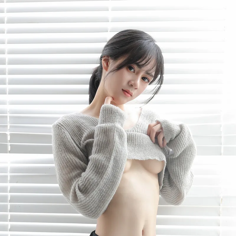 Японский женский укороченный топ с открытой грудью, женские свитера, вязаный свитер с длинным рукавом и v-образным вырезом, сексуальные эротические короткие пуловеры Babydoll