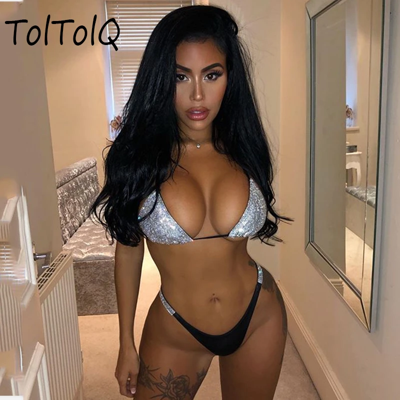 

2019 New Arrival Set Sexy Club Crystal Diamonds Beach Wear Suits Halter V Neck Bathing Suits Sliver Summer Two Piece Sets