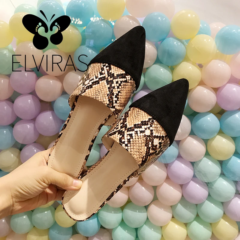 

ELVIRAS Soring Flat heel Mules Slippers Ladies Pointed Toe Fashion Style Snakeskin pattern Outside Sandals Shoes Women Casual