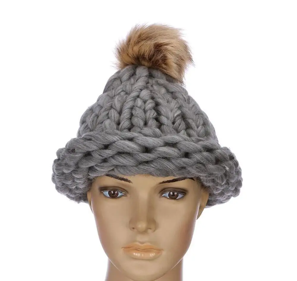 Женская модная Зимняя шерстяная шапка с помпоном шапки грубой вязки наружная теплая шляпа Лыжная вязаная шапочка многоцветная на выбор