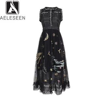

AELESEEN 2020 New Runway Designer Sleeveless Dresses Women Elegant Weaving Spliced Mesh Luxury Pearls Embroidery Midi Dress