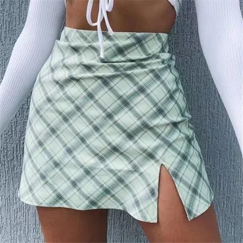 

Green Plaid Printting Skirts High Split High Waist Skirts for Women Mini Skirts Vintage Female Lady Spring 2020 School Skirt