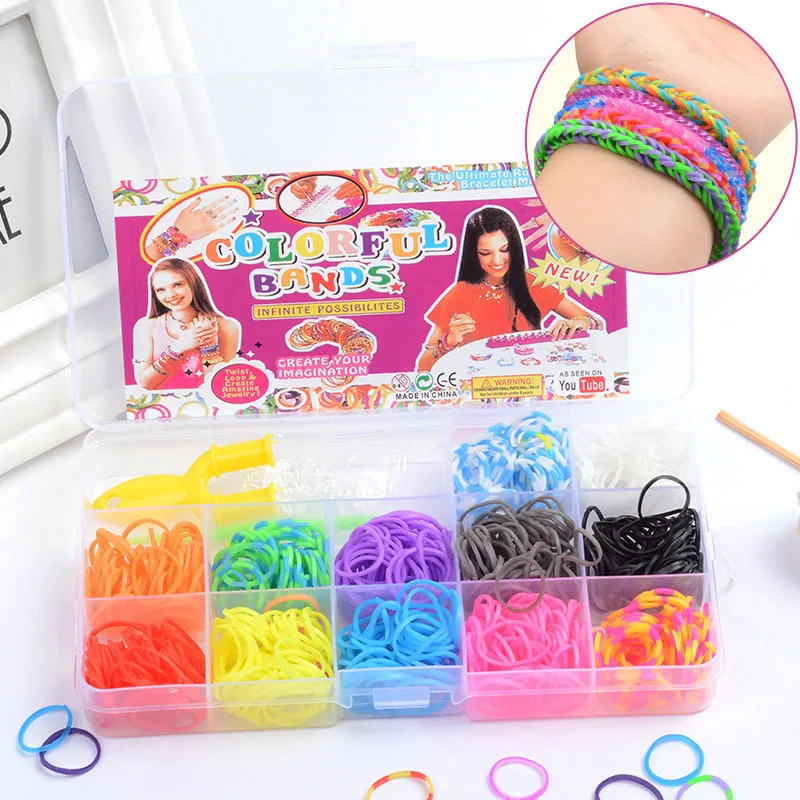 600Pcs 15 Grids Elastic Rubber Bands DIY Tool Set Colorful Weave