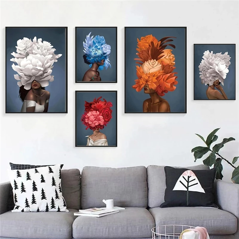 

Nordic Flowers Head Woman Canvas Paintings Colorful Posters and Prints Cuadros Wall Art Pictures for Living Room Decor