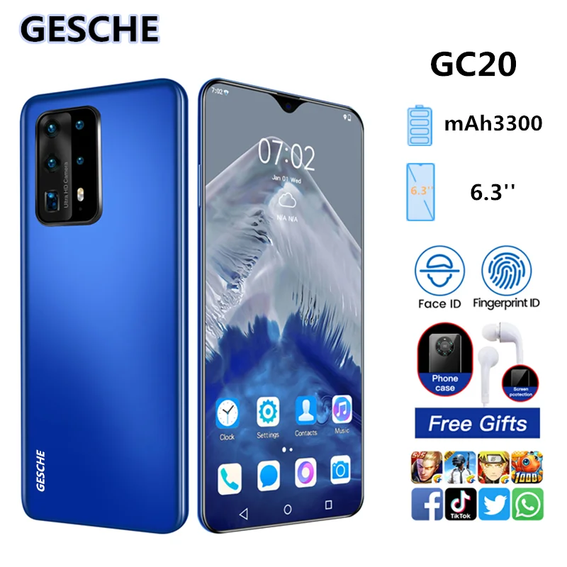 Смартфон GESCHE GC20, 2 + 16 ГБ, ИИ-режим, тройная камера, экран 6,3 дюйма FHD + Waterdrop, Android 9,0, распознавание лица, Cellura Helio P60, 3300 мАч