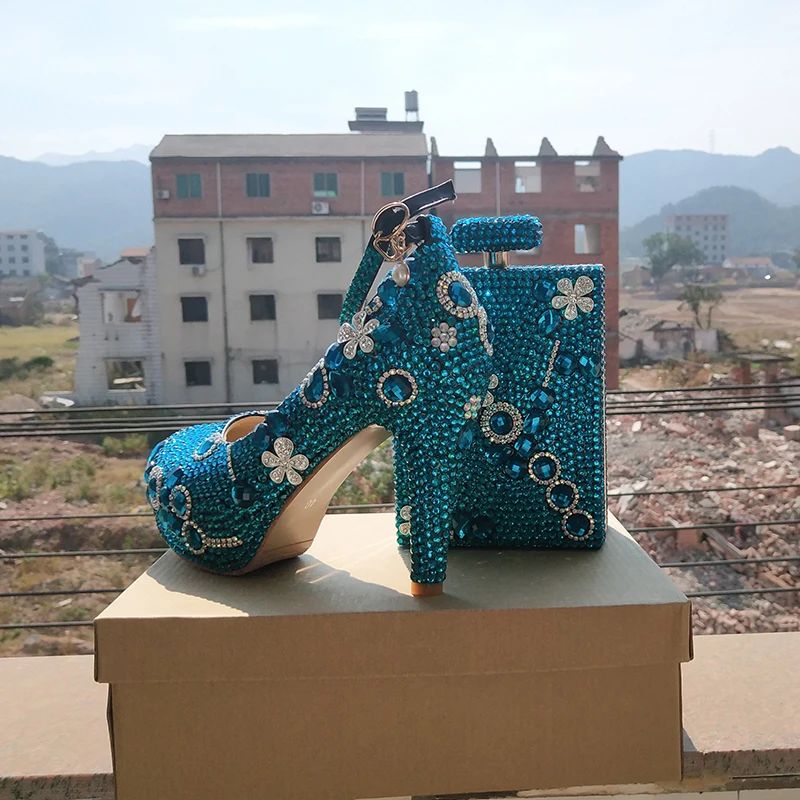 BaoYaFang/роскошный комплект из туфель и сумочки с зелеными кристаллами; женские Вечерние туфли на высоком каблуке и сумочка; модные свадебные туфли