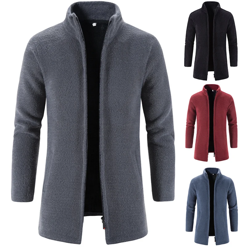 

Long Trench Coat Men Zipper Cardigan Autumn Winter Fleece Thick Warm Wool Sweater Fashion Male Overcoat Mens Long Cardigan