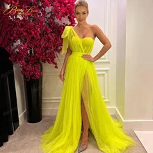 

Yellow off the Shoulder Prom Dress Sweetheart Long Pleated Tulle Evening Dresses One Shoulder Elegant vestido Formal Party Gown