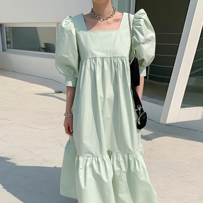 Летнее женское корейское винтажное свободное платье с высокой талией тонкое