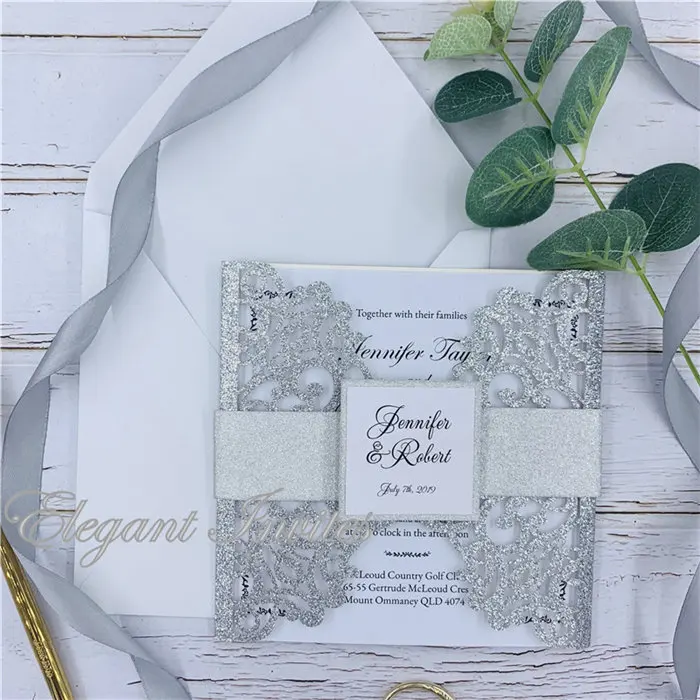 Glitter Silver Блестящая серебряная лазерная резка, для свадьбы, пригласительные открытки, кружева, элегантные поздравительные открытки, на заказ, с лентой для живота, свадебные украшения для вечеринки - Цвет: Glitter Silver