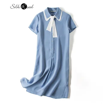 

Silviye Navy neck silk dress women's mulberry silk academy style short sleeve A-line skirt high waist thin 2020 summer new