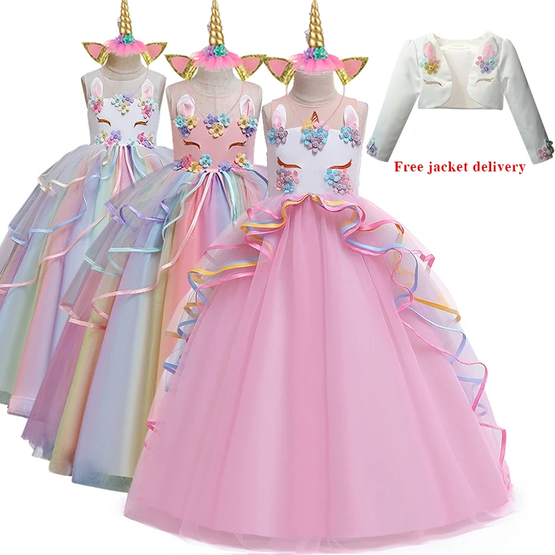 2020 big children's long dress colorful mesh cake fluffy dress unicorn princess dress festival performance dress