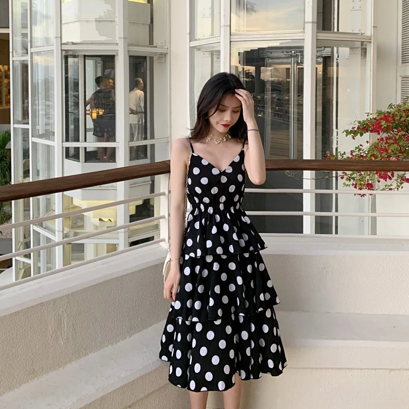 

Photo Shoot WOMEN'S Dress Spring Summer Fairy Cake Dress V-neck High-waisted da bo dian Camisole Mid-length Dress
