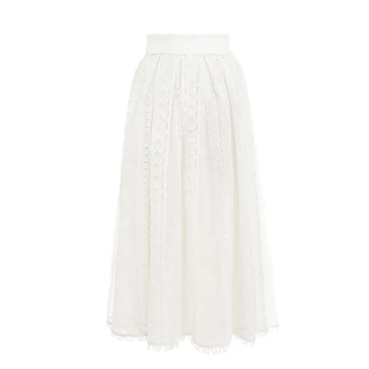 Skirt Подиумная дизайнерская Женский комплект 2 шт., кружевная Лоскутная белая блузка с длинным рукавом+ длинные плиссированные юбки с высокой талией - Цвет: Skirt