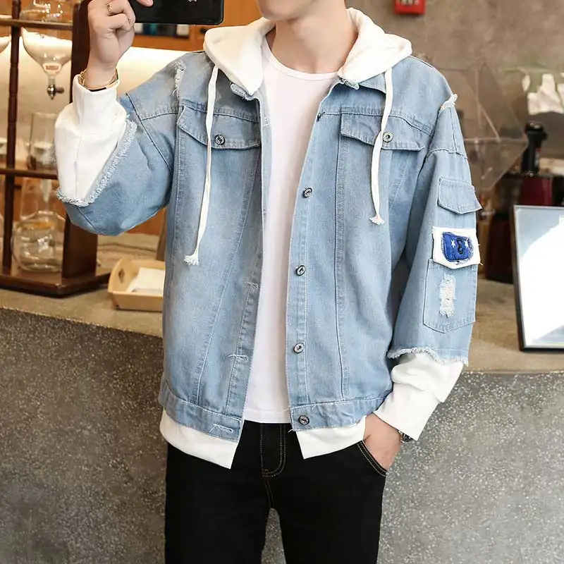 Light Blue Мода 2-в-1 Повседневное многослойное Джинсовые куртки с бахромой в рубчик с длинными рукавами джинсовая куртка с капюшоном куртка Весна-осень-зима свободные Ковбойское пальто - Цвет: Light Blue