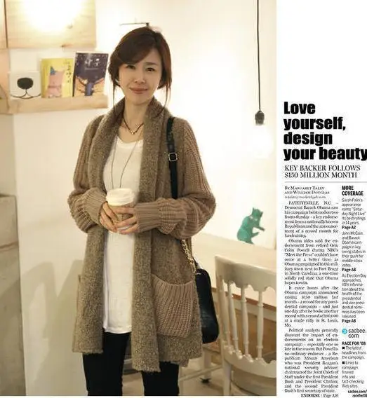 Autumn Winter Shrug Knitwear Regata Feminine Tricot Khaki Tricot Wool Long Sleeve Pockets Loose Cardigan Sweater Coat Y628