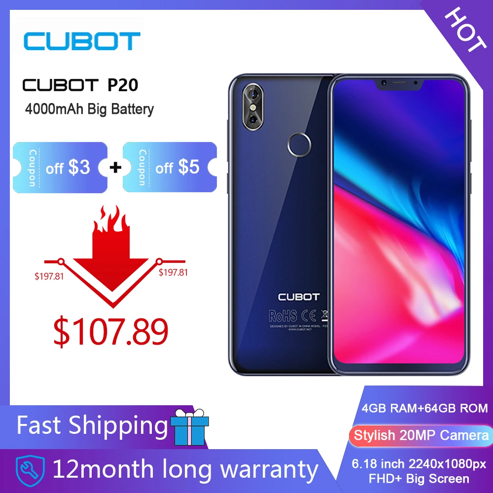 Cubot P20, 4 Гб+ 64 ГБ, Android 8,0 19:9, 6,18 дюйма, 2246*1080, FHD+ экран, телефоны с двумя камерами, 20 МП, Восьмиядерный аккумулятор MT6750T, 4000 мАч