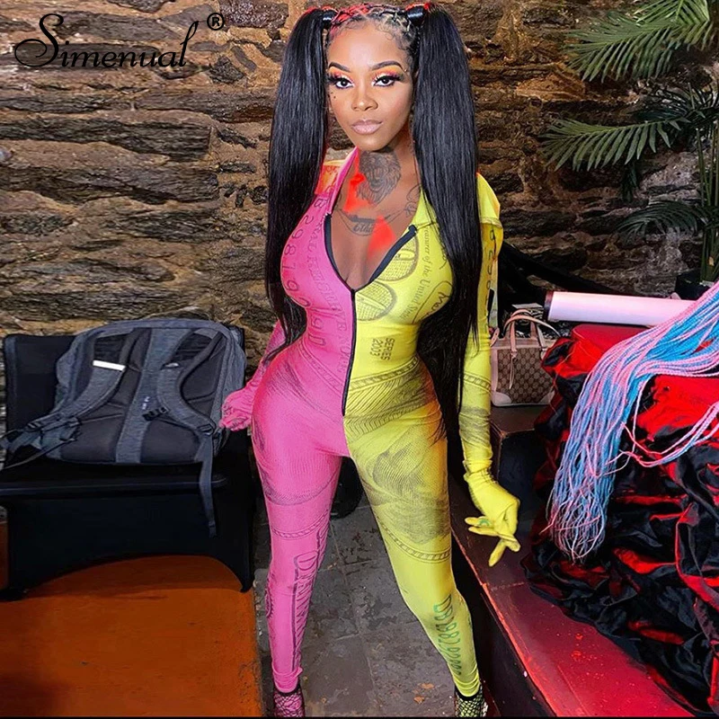 

Simenual Color Blocking Zipper Jumpsuits with Gloves Long Sleeve Print Hooded Women Bodycon One Piece Outfit Patchwork Jumpsuit