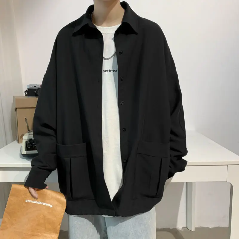 

Men's shirt 2020 Autumn new slim pure color sunscreen long sleeve shirt loose square collar casual personality youth men's wear