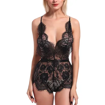 

New Women Lace Sexy Splicing Sling Plus Size Lingerie Jumpsuit V-neck Backless Sleeveless Gauze Underwear Teddy Bodysuit S-4XL