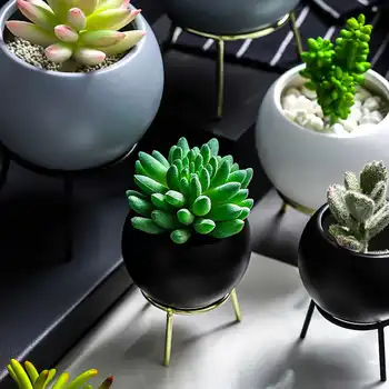 

European Ceramic Flower Pot Flower Rack White Ceramic Succulent Cactus Plant Hexagon Pots With Metal Stand Holder Garden Decor