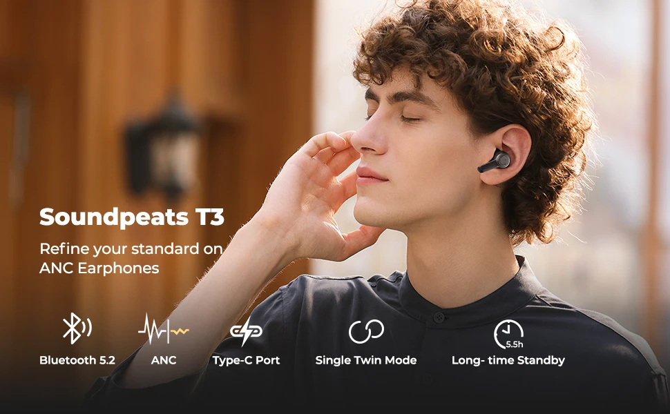 Sound+ AI ENC Tech for Clear Calls Touch Control SoundPEATS T3 Wireless Earbuds Active Noise Cancelling Bluetooth 5.2 Headphones in-Ear ANC Earphones with Transparency Mode Immersive Stereo Sound 
