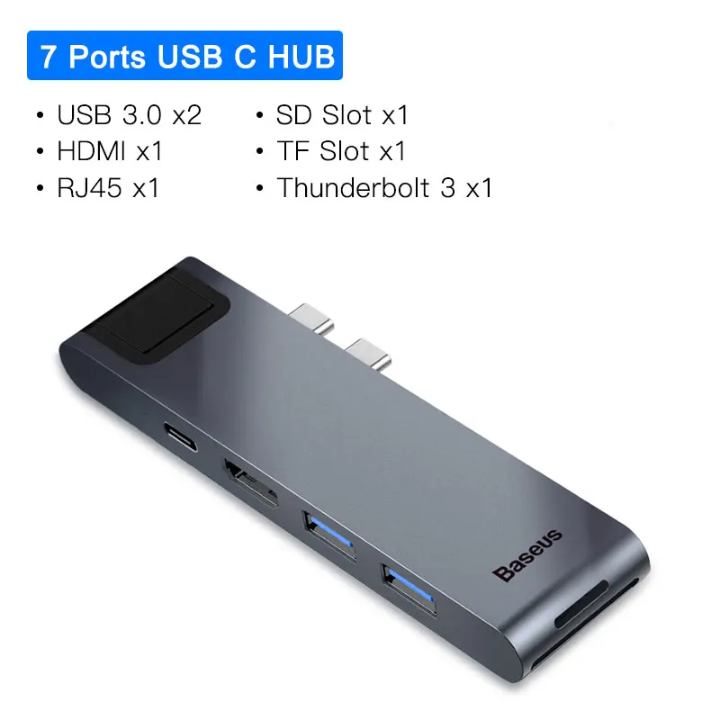 Baseus Dual Тип-C 7in1 USB 3,0 Тип C концентратор HDMI RJ45 адаптер для MacBook Pro OTG usb-хаб 3,0 PC компьютерных аксессуаров - Цвет: 7 in 1 USB C HUB