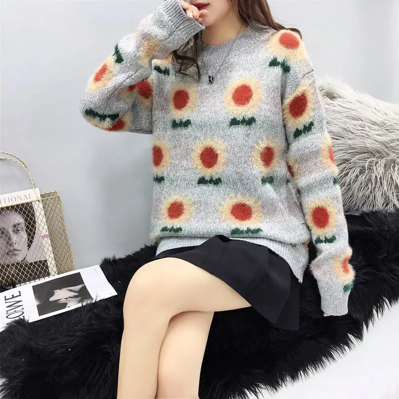 Woherb Pull Femme пуловер с круглым вырезом и длинным рукавом с цветочным узором свободные Джемперы винтажные корейские модные новые Топы Верхняя одежда 91135