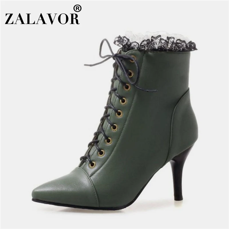 

ZALAVOR Women Ankle Boots Plus Size 32-48 Sweet Lace Embroidery Casual Zipper Cross Strap Winter Warm Shoes Women High Heels