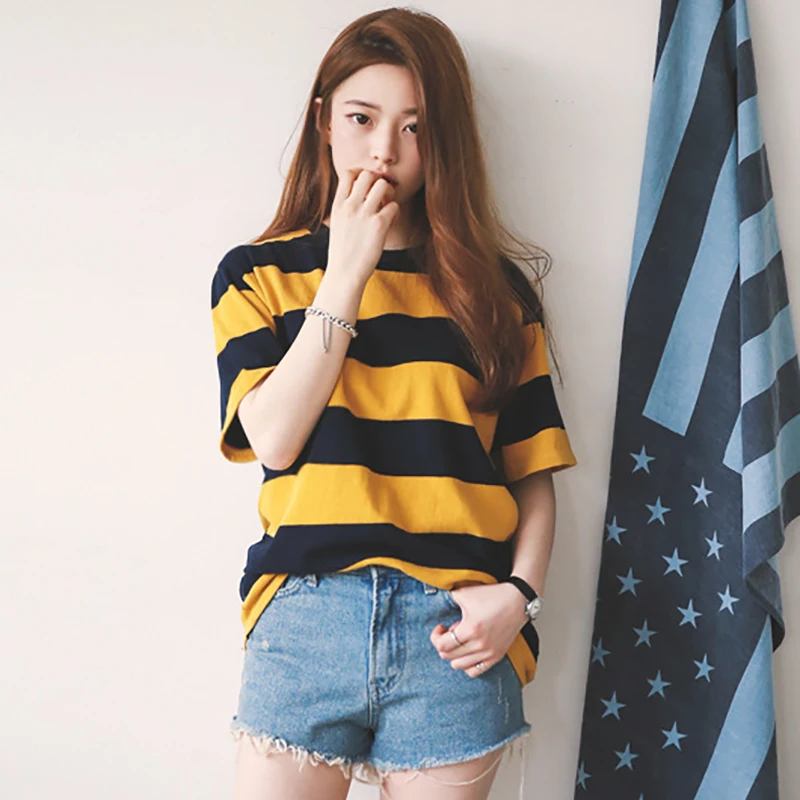 

2019 Summer New T-Shirt Female Korean Version Casual Loose Striped Cute Short-Sleeved T-Shirt Women Fashion Trend O-Neck T-Shirt