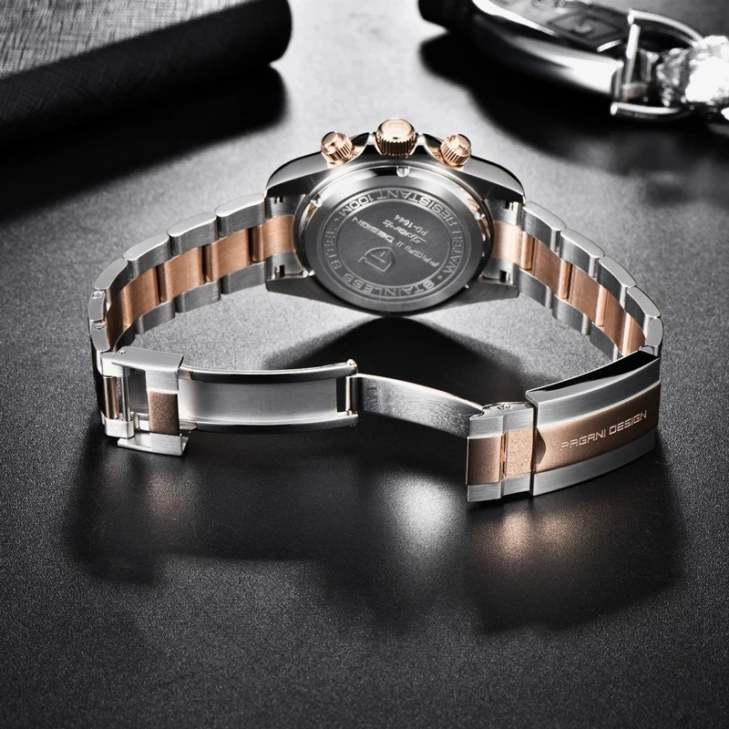 PAGANI DESIGN 2023 New 1644 Rose Gold Luxury Quartz Watch For Men Automatic Date Wristwatch Sport Chronograph VK63 Dive Luminous