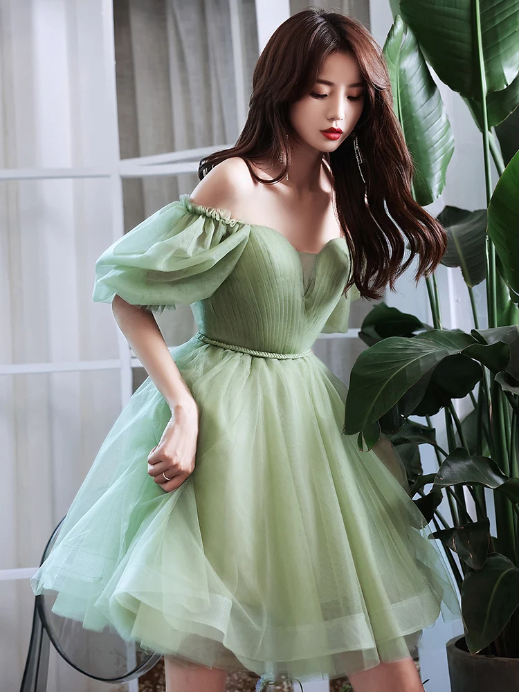 Green short sweat puff sleeve lady girl women princess bridesmaid banquet party ball prom dress gown