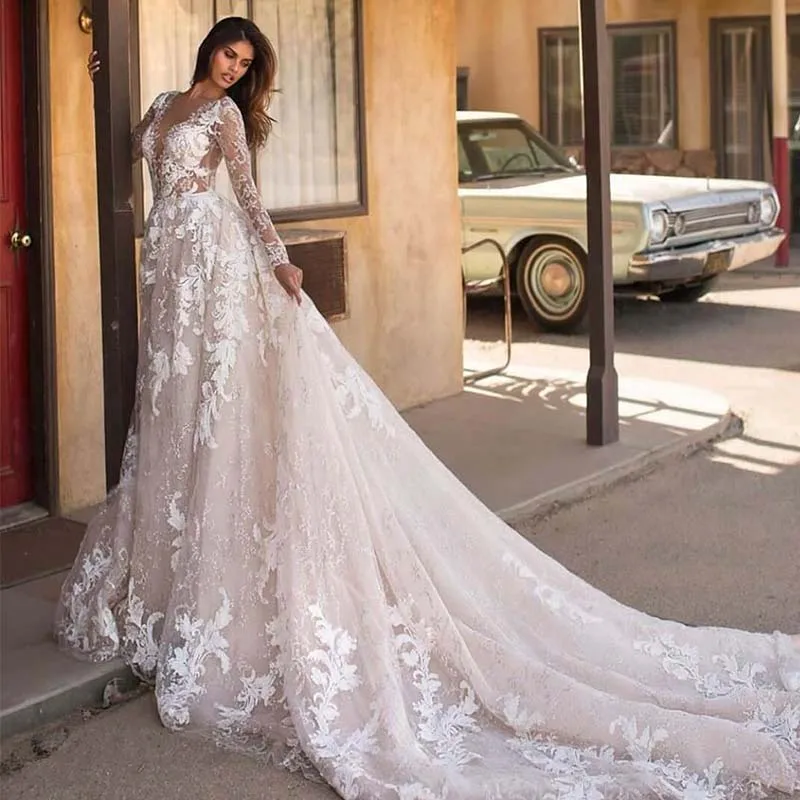 

Elegant Illusion Long Sleeve Wedding Dresses 2020 Casamento Sexy Backless Lace Wedding Gowns Plus Size Bride Dress Gelinlik