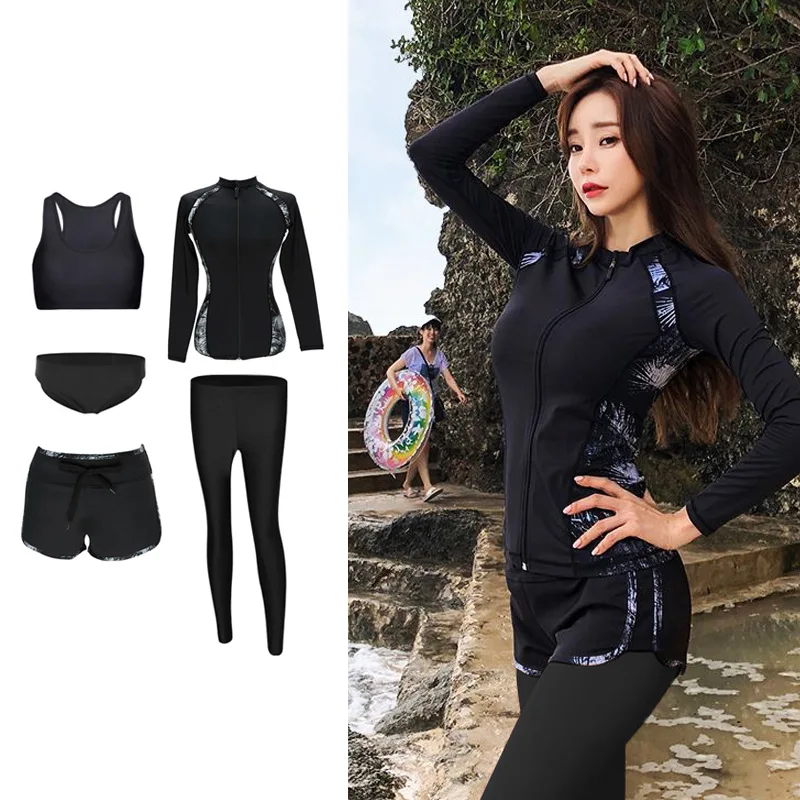 

2021 Summer New Fashion Swimming Suit for Women Long Sleeve Rashguard Wetsuit Sun Proof Pants 5 Piece Set Surfing Diving Suit