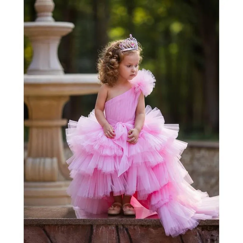 

Elegant Fink Flower Girl Dresses New Appliques Princess For Weddings First Communion Dress Pageant Gowns