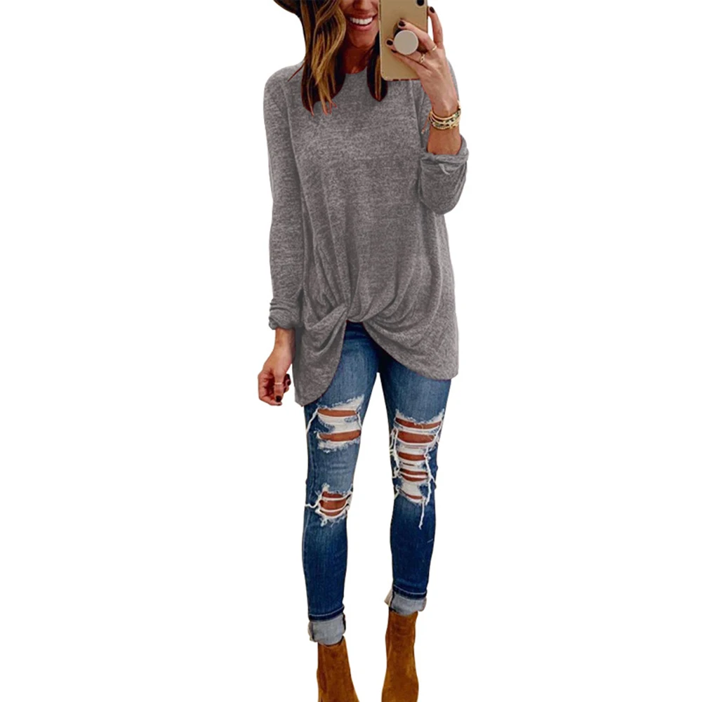 

2019 New Women Fashion Solid Long Sleeve O-Neck Long T-Shirts Regular Front Knot Casual T-shirt Autumn Pullover Tops