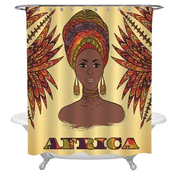

African Bath Curtain,Ethnic Woman in Traditional Turban and Palms Cultural Folk Graphic Art Fabric Shower Curtains for