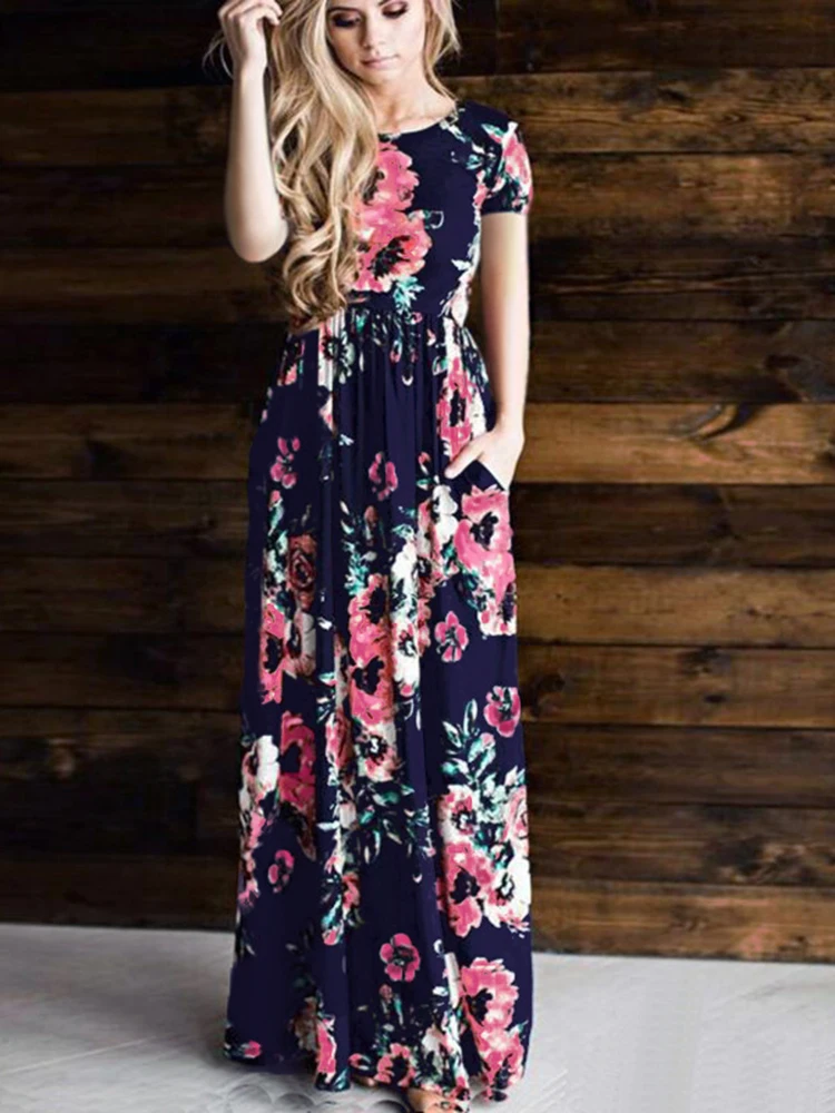 Autumn summer women dress Long short sleeve maxi dress women floor length white print floral ladies casual dress vestidos LD718 (16)