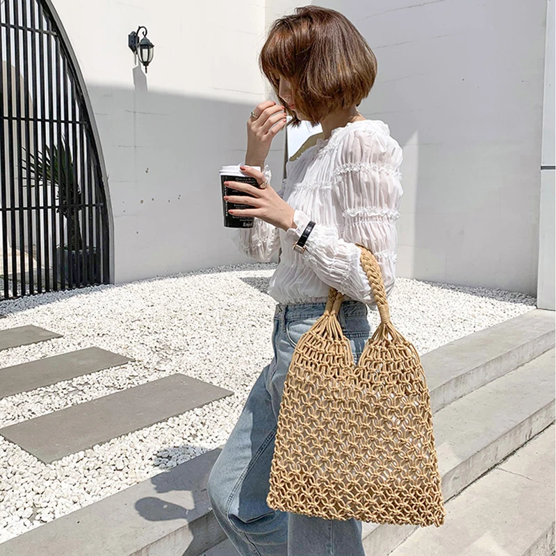 Bolso de mano de mimbre con mango de madera para mujer, bolsa de mano  vintage de mimbre tejido hueco, grande, informal, para playa, de viaje -  AliExpress