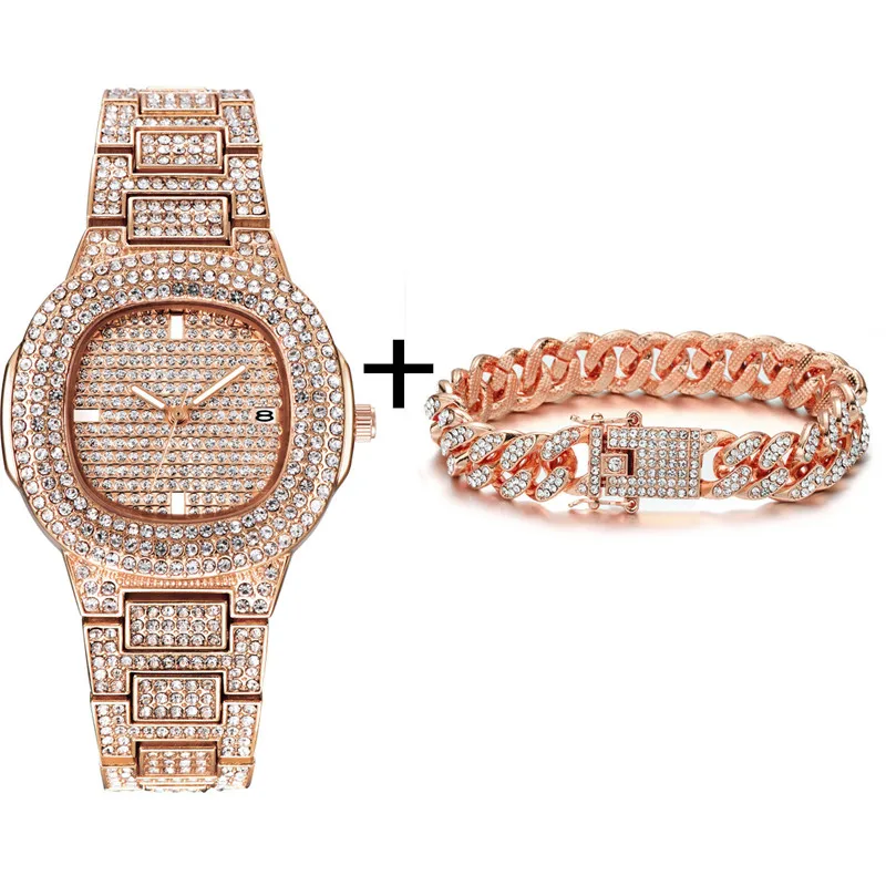 Rose Watch Bracelet Хип-хоп роскошные часы со льдом+ браслет Дата кварцевые наручные часы с Micropave нержавеющая сталь часы для женщин ювелирные изделия - Цвет: Rose Watch Bracelet