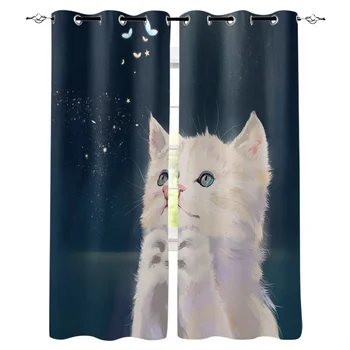 

Cat Cure Illustration Window Curtains LivingRoom Kitchen Curtains Left and Right Biparting Open