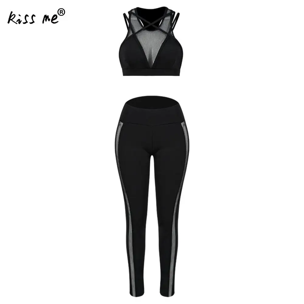 Breathable Women Yoga Set Workout Training Exercise Sportswear See Through Sleeveless Crop Top Female Gym Legging Running Set