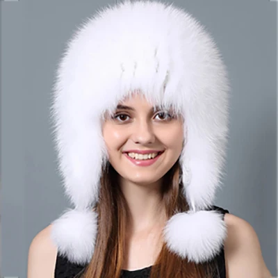 Меховая шапка для женщин, натуральный мех енота, лисы, русские шапки, зимние толстые теплые уши, модная шапка-бомбер, черная, Новое поступление, шапка лисы - Цвет: Белый